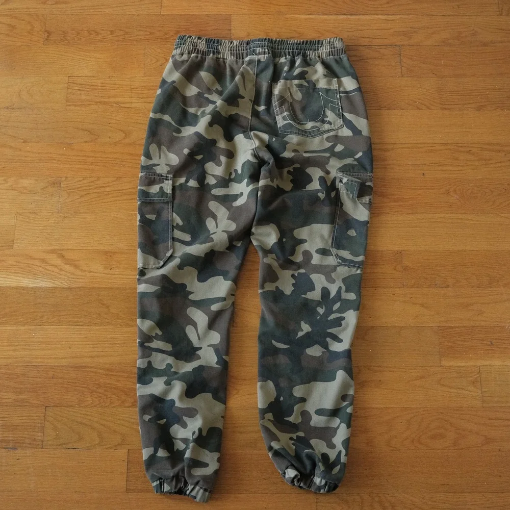 True Religion Camo Cargo Jogger Hunting Pants Green Brown Elastic Waist Size S/M